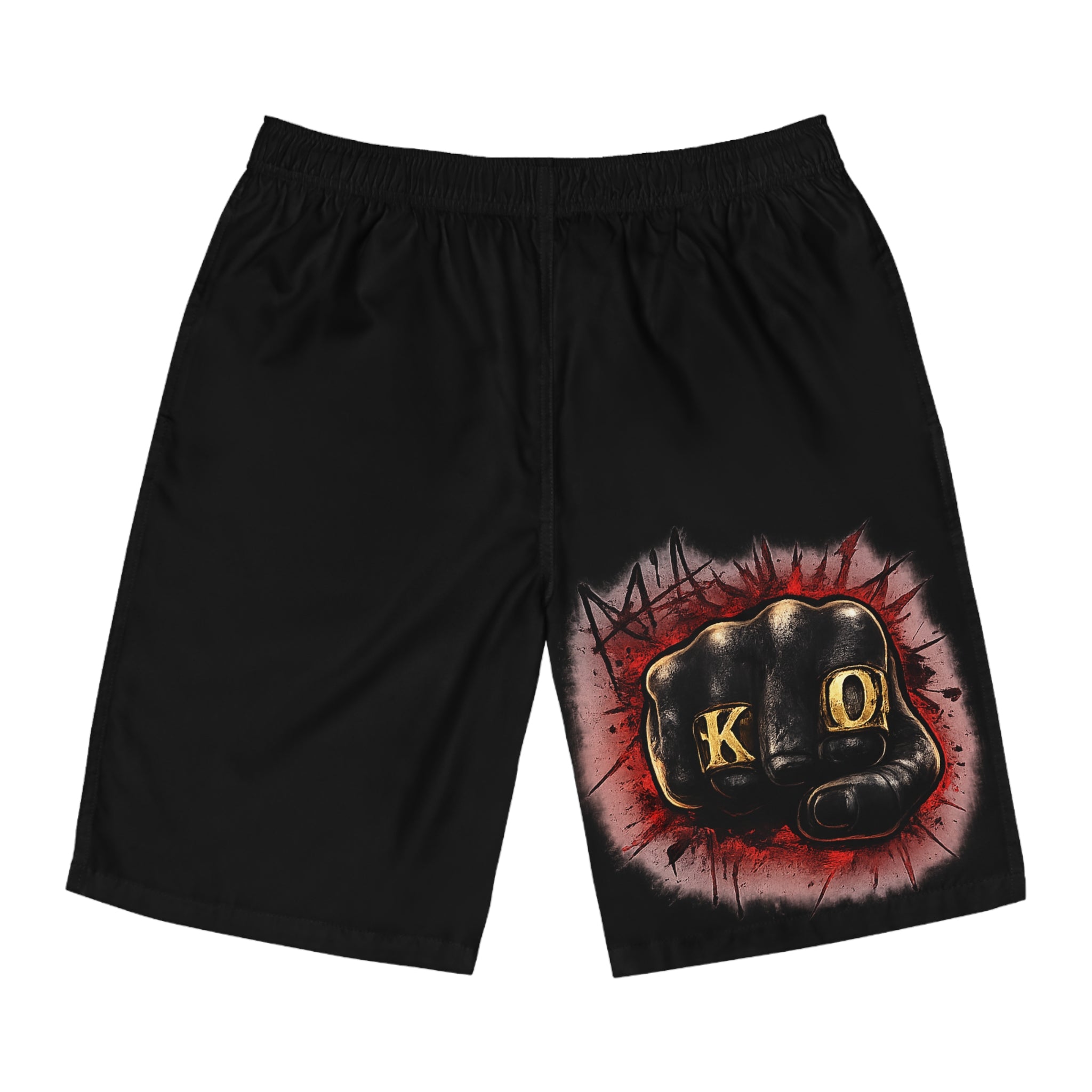 KO Fist Black Board Shorts — Men's Fight-Style Swim/Surf Trunks